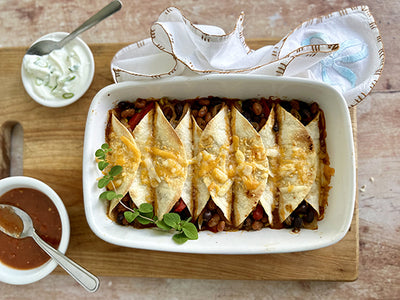 BLACK BEAN ENCHILADAS, SPICY SAUCE